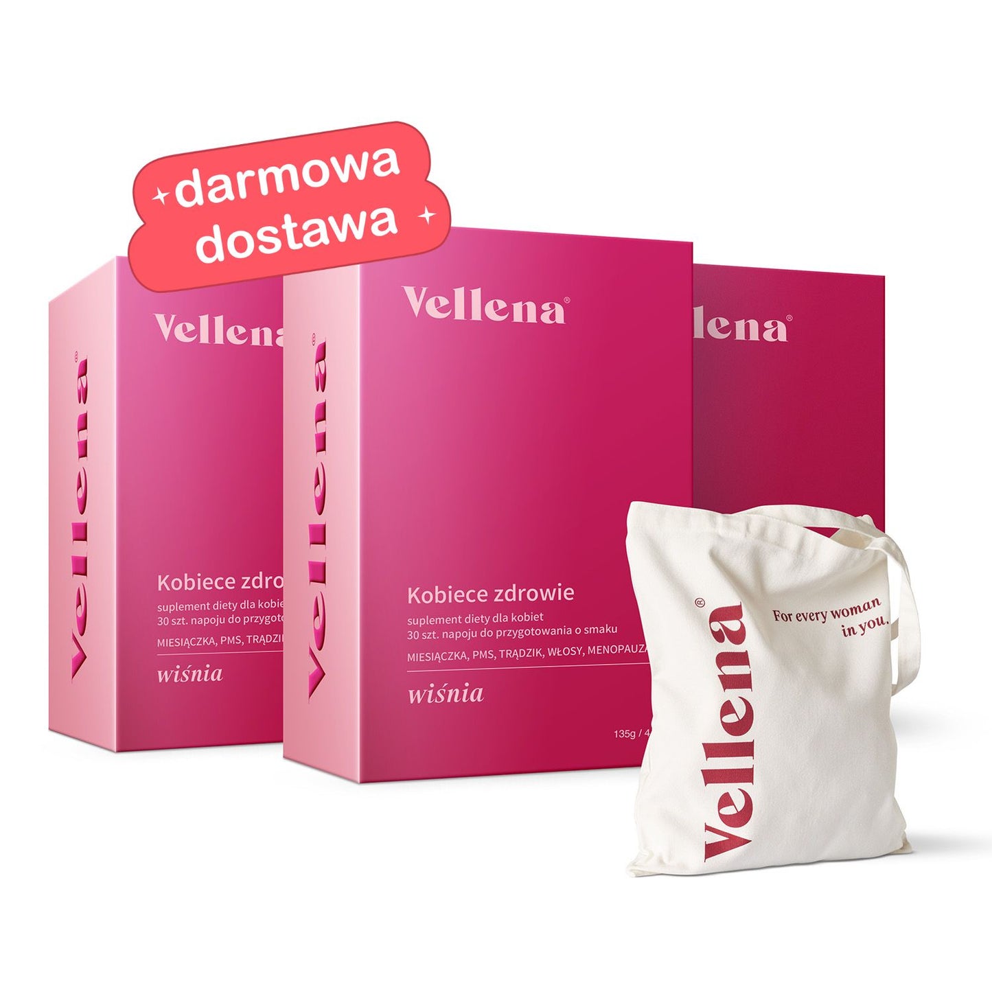 Kobiece zdrowie | Napój 3-PACK + torba GRATIS | Wiśnia | Vellena