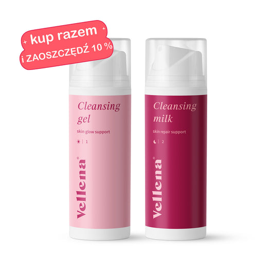 Duet do perfekcyjnego oczyszczania skóry | Żel oczyszczający Glow + Mleczko oczyszczające Repair | Vellena